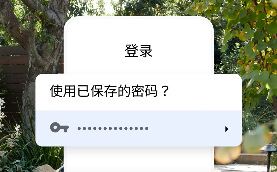 一在打开一个行程预订网站的登录页面时，它询问你是否使用保存的密码，同时，背景中那片广袤的自然风景让人心情放松
。